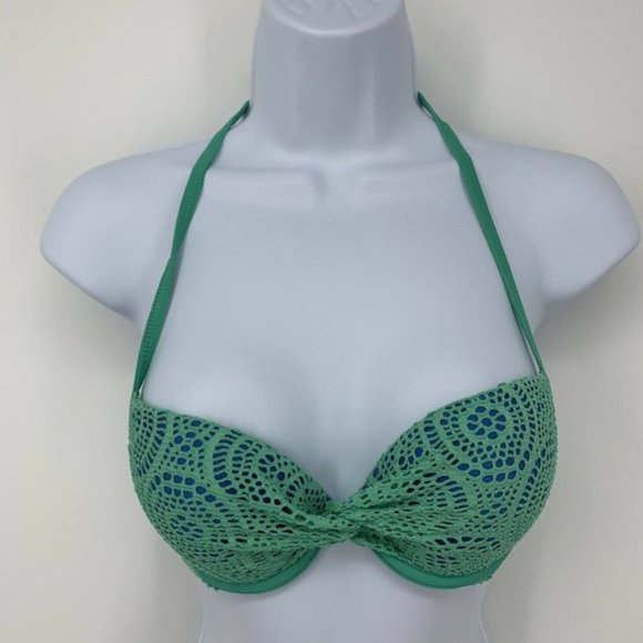 Aerie 34A Turquoise Blue Green Padded Push-Up  Halter Bikini Swimsuit Top - Picture 1 of 7